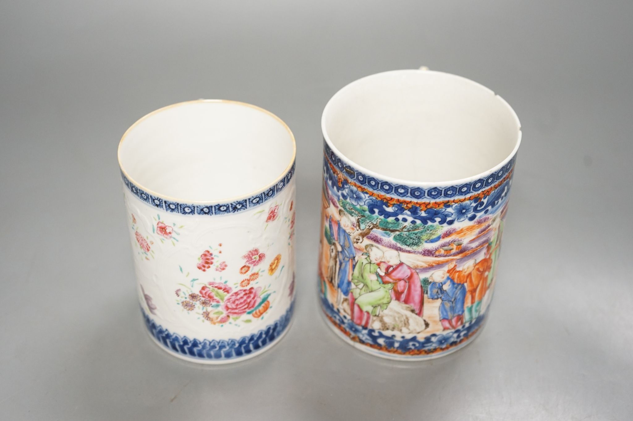 Two 18th century Chinese export famille rose mugs 13cm